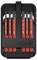 A set of six red precision screwdrivers in a black case, labeled with sizes and types for various uses, showcasing tool organization and versatility.