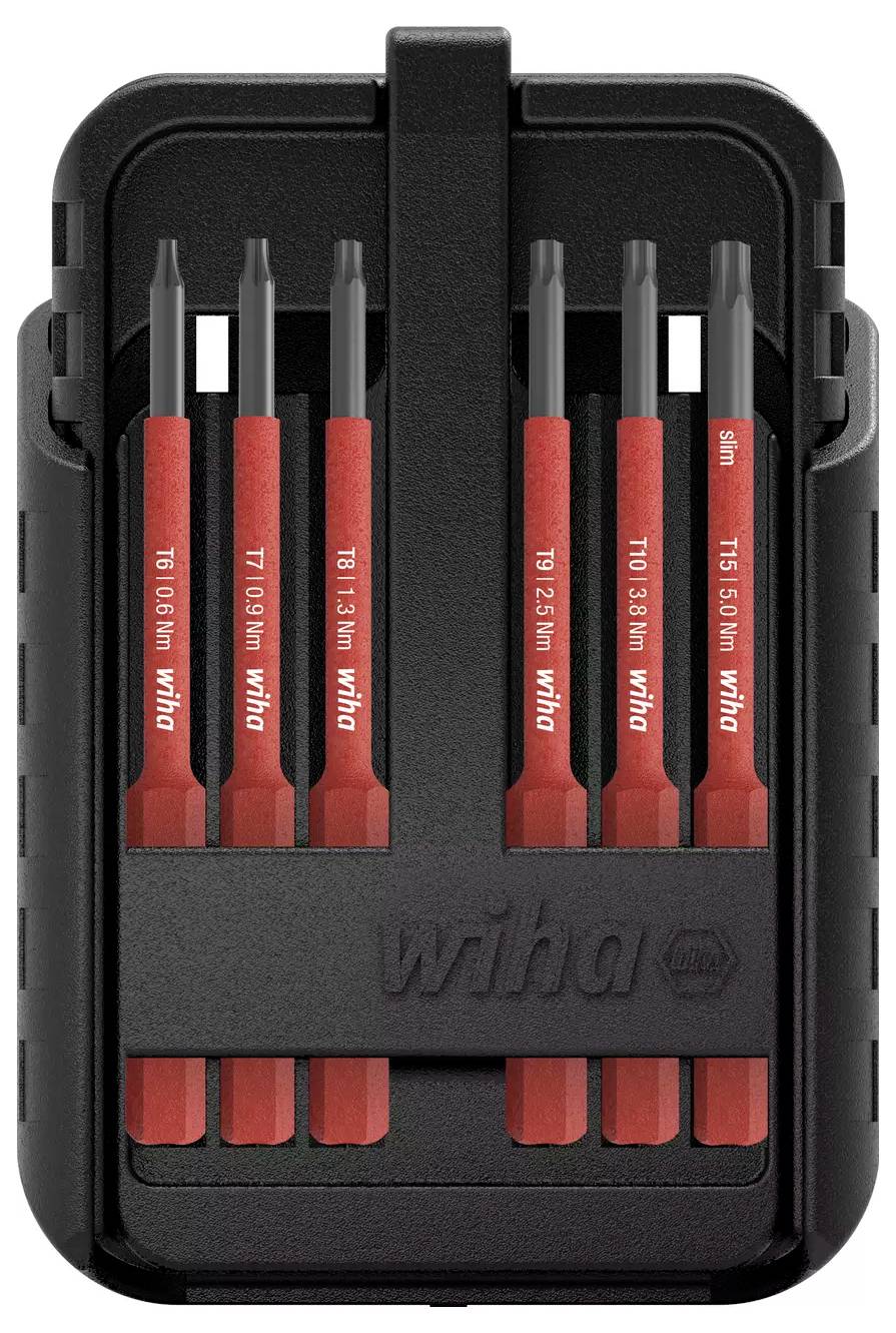 Wiha precision screwdriver set in a black case, featuring six red-handled drivers labeled with sizes T6 to T15 for detailed work.