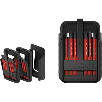 Screwdriver bit set in a black holder with a red handle. Contains multiple bits for various screw types. Ideal for DIY enthusiasts.