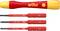 Red screwdriver with interchangeable bits. The bits are marked: '0.4x2.0', 'PH0', 'PZ0', each with Nm specification.
