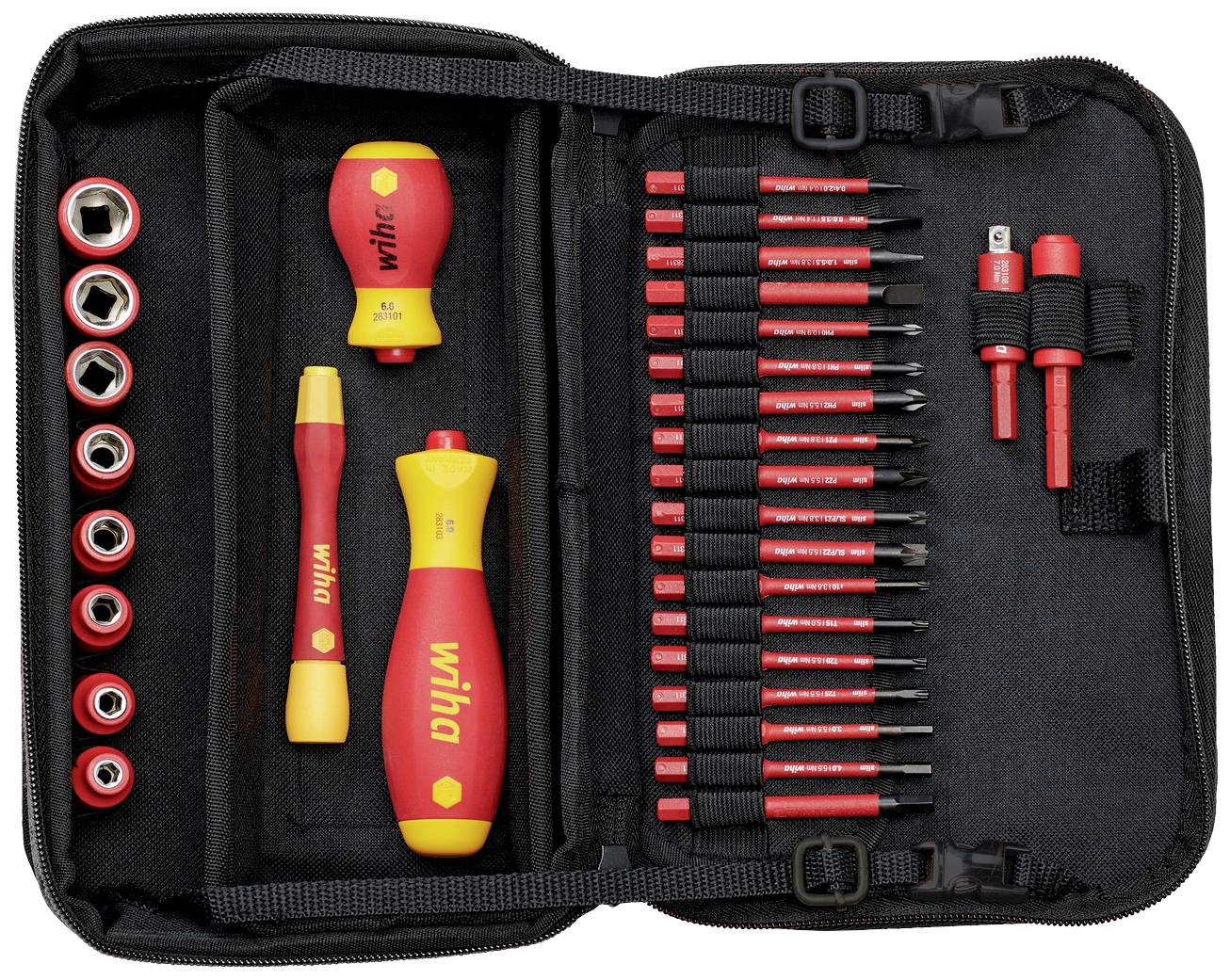 An open toolbox reveals a set of insulated screwdrivers, socket wrenches, and bits in red and yellow.