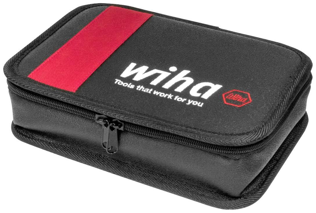 A black tool bag with a red stripe and the inscription 'wiha Tools that work for you', containing small tools.