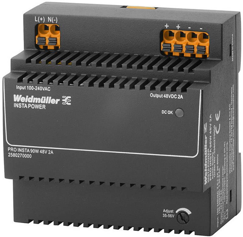 'Weidmüller PRO INSTA 90W 48V 2A' Power Supply Unit, Input Range 100-240VAC, Output 48VDC 2A, Mountable, with Adjustment Function.