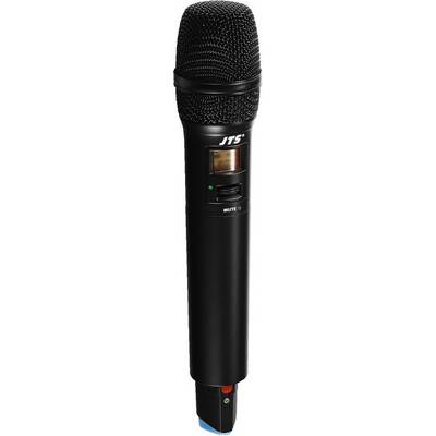 Black, wireless microphone with LCD display and mute button, suitable for stage performances or presentations.
