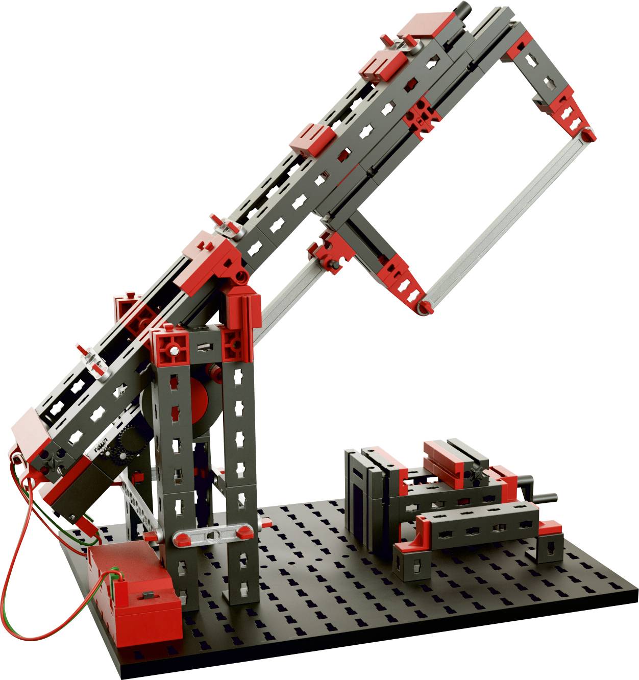 Model of a crane constructed from construction set parts, mounted on a black base plate. The crane arm is angled and pointing upwards.