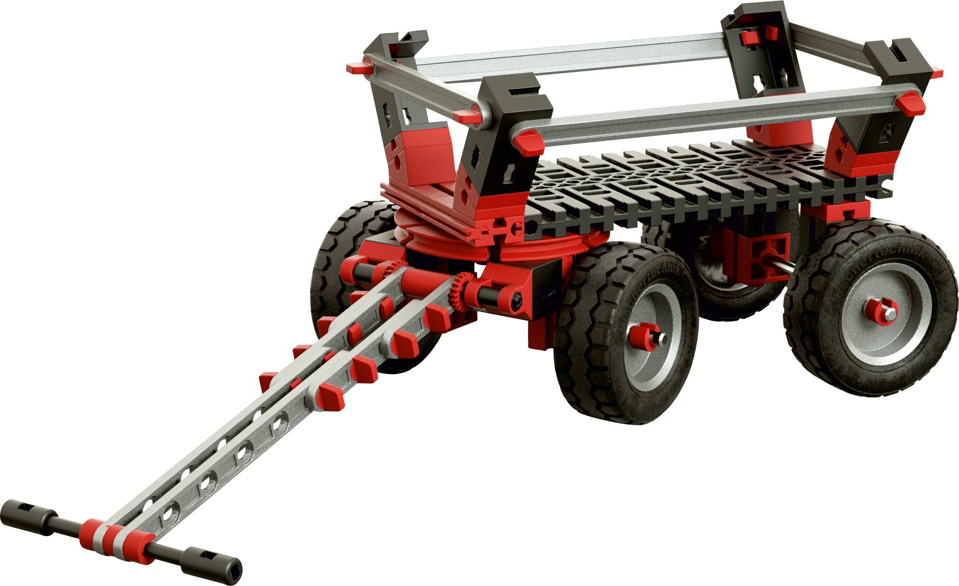 Plastic and metal toy lorry with four large wheels and a towing handle. Primarily designed in black and red.