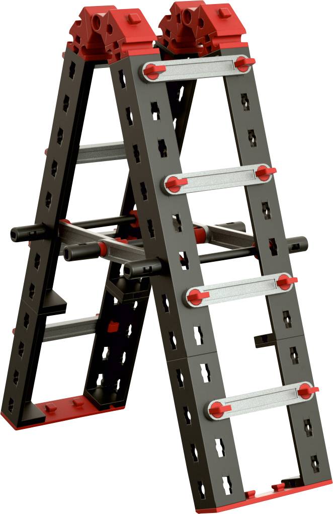 'Toy ladder made of black and red plastic, in the style of a folding ladder, with silver rungs and holes in the sides.'