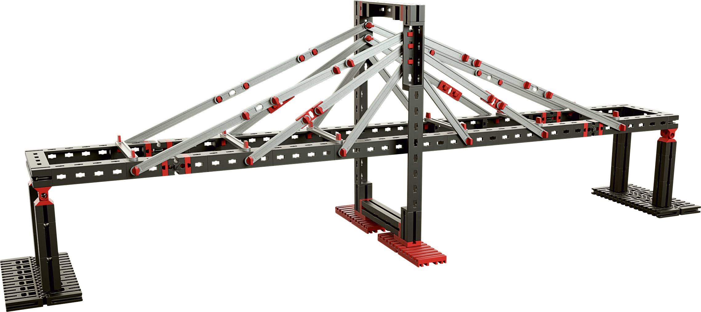 Construction of a lattice beam using black and red building blocks, demonstrating a stable and symmetrical structure, suitable for model building.
