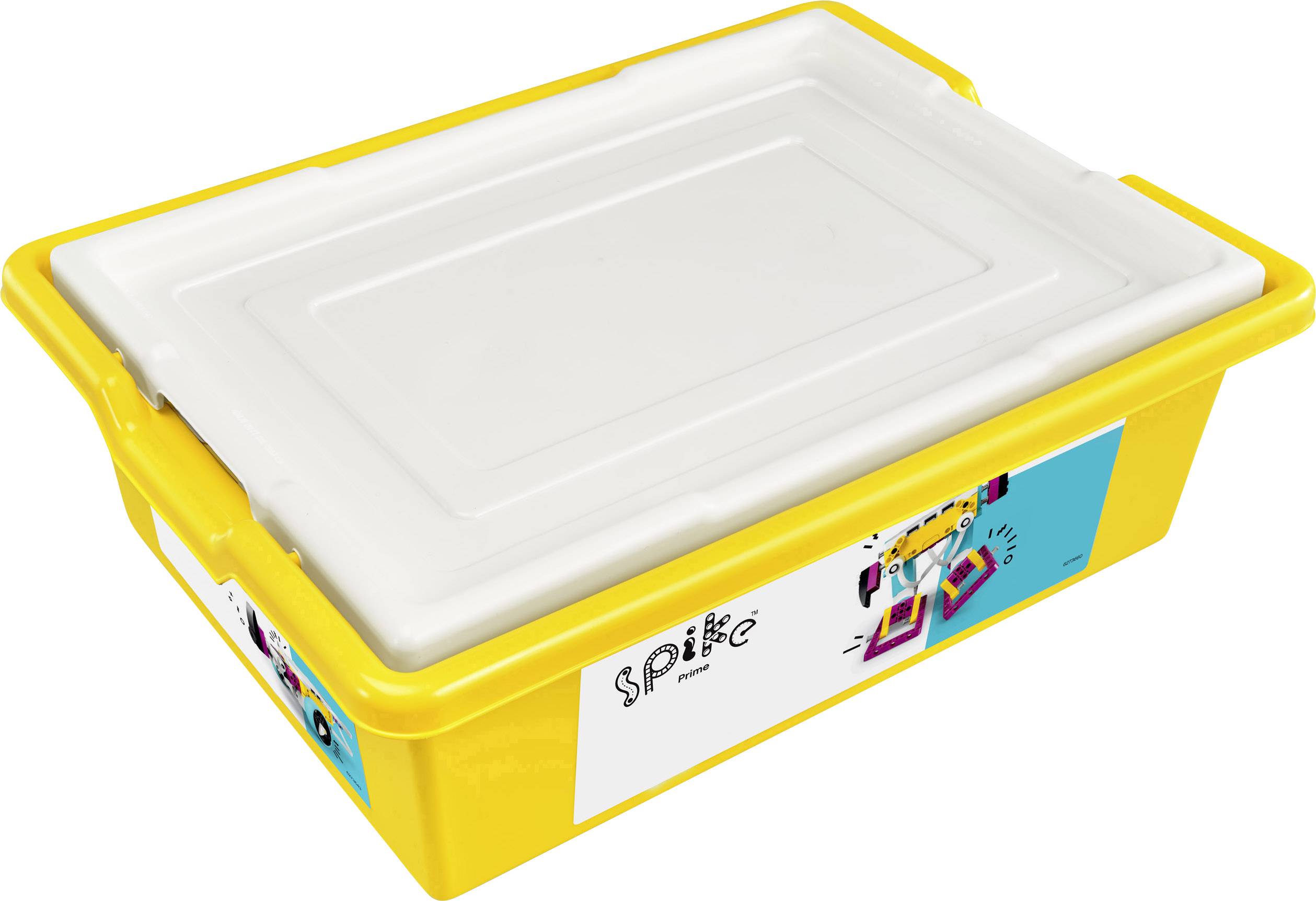 A yellow box with a lid, bearing the word 'SPIKE'. It contains components for a robot construction kit, illustrated with colourful graphics.