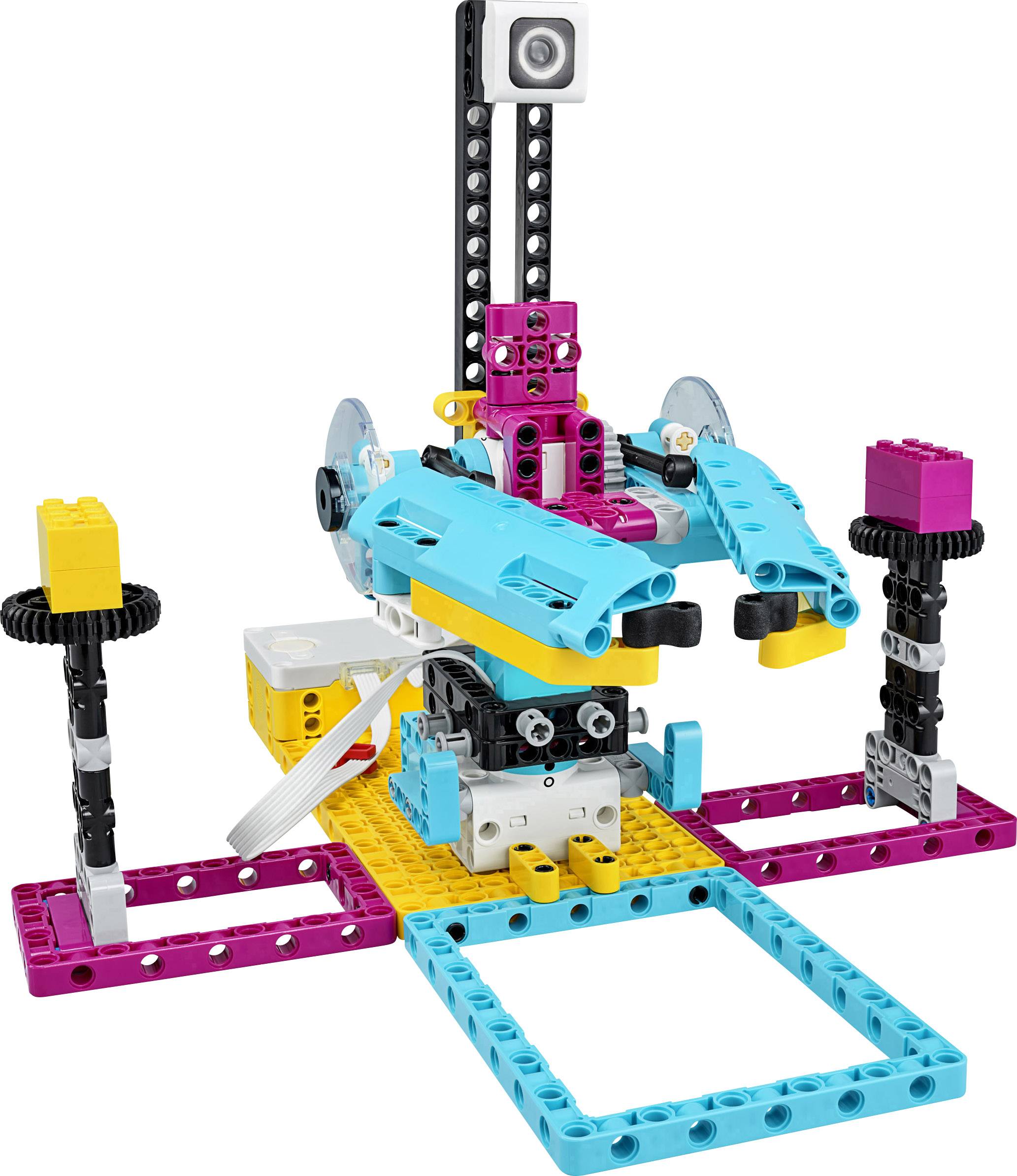 A colourful, robot-like construction made from LEGO pieces with mechanical and electronic components, possibly an educational toy.