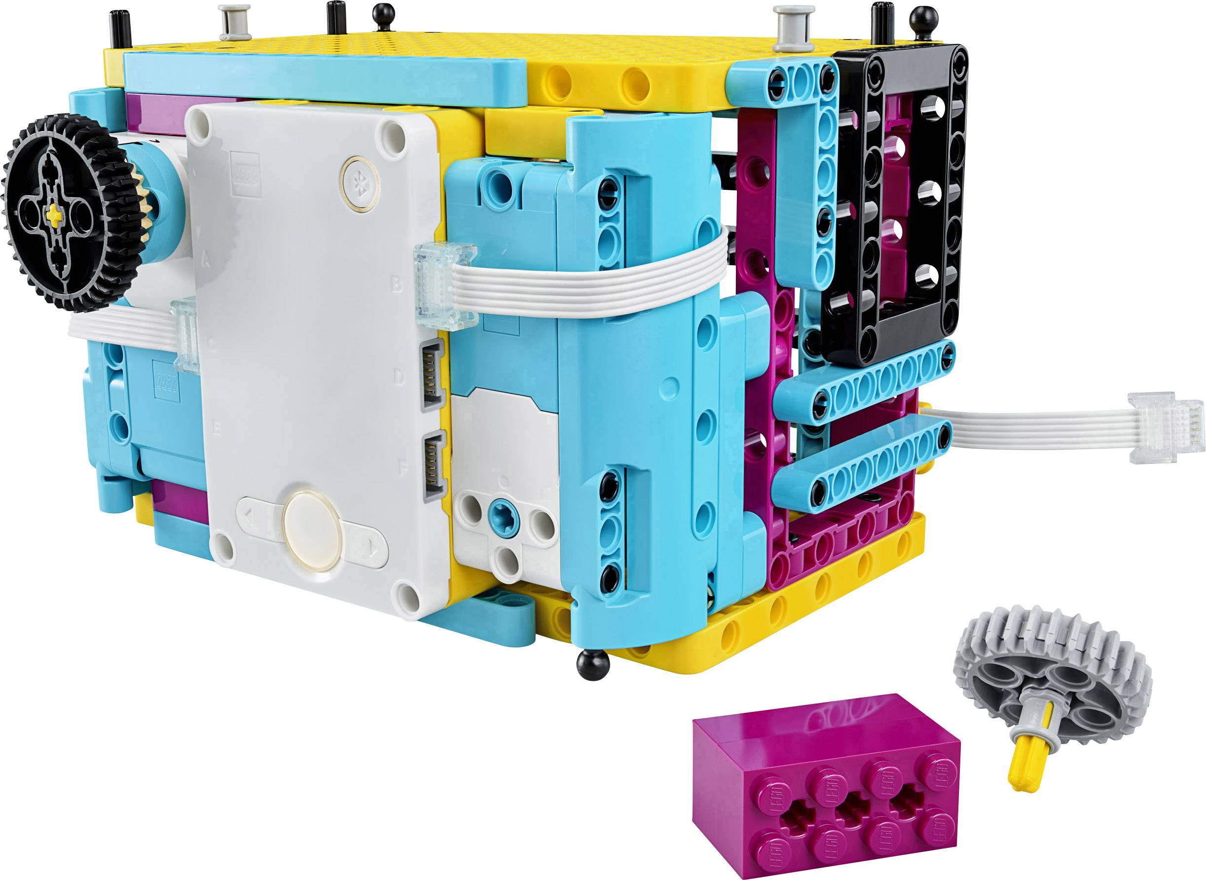Colourful LEGO robot with gears and wiring, showcasing technical and construction details for educational purposes.