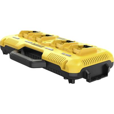 Battery charger with four charging slots, yellow and black, compact, with carry handle. Developed for rapid charging of multiple batteries simultaneously.