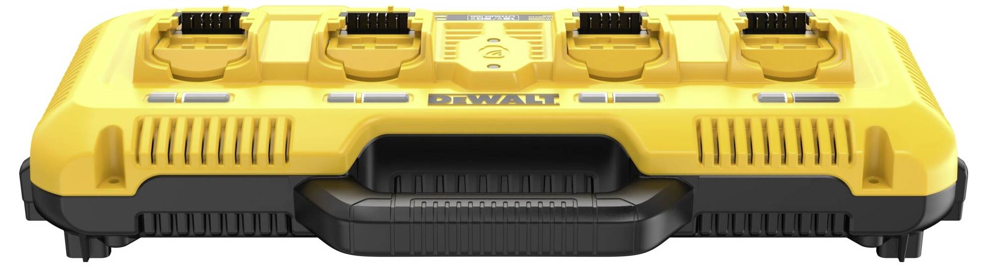 Yellow, four-bay battery charger for power tools with a black base. Brand logo in the centre.