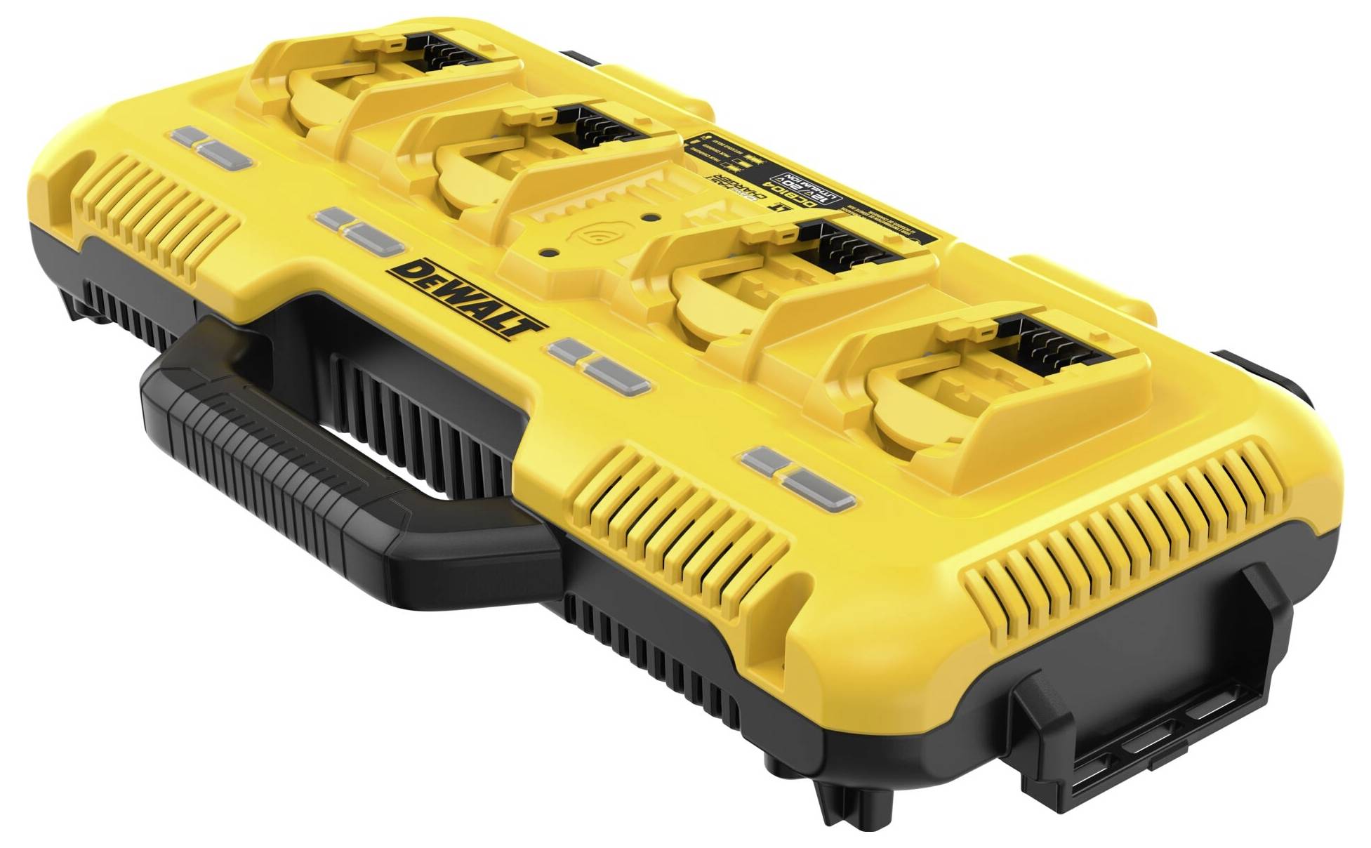 Yellow multi-socket battery charger with four slots and a black handle, compatible with DEWALT power tools.