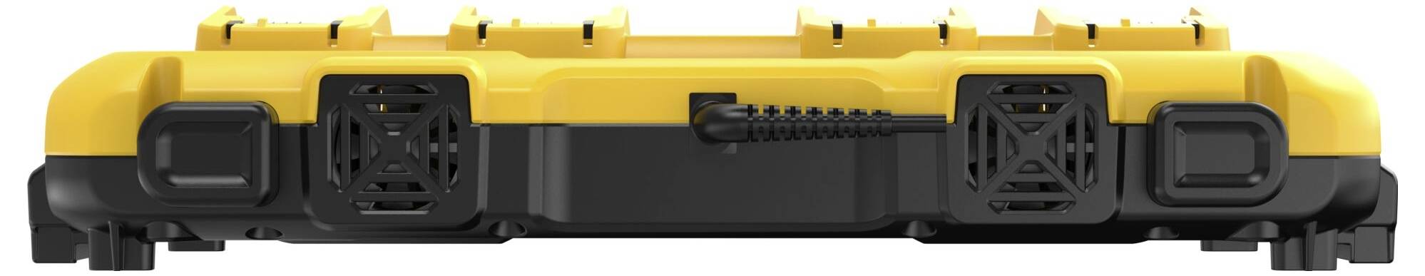 Yellow and black tool case with locks and robust housing, side view.