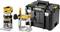 Cordless router with two bases and transport case, DeWalt brand. Suitable for woodworking, portable and wireless for flexible use.