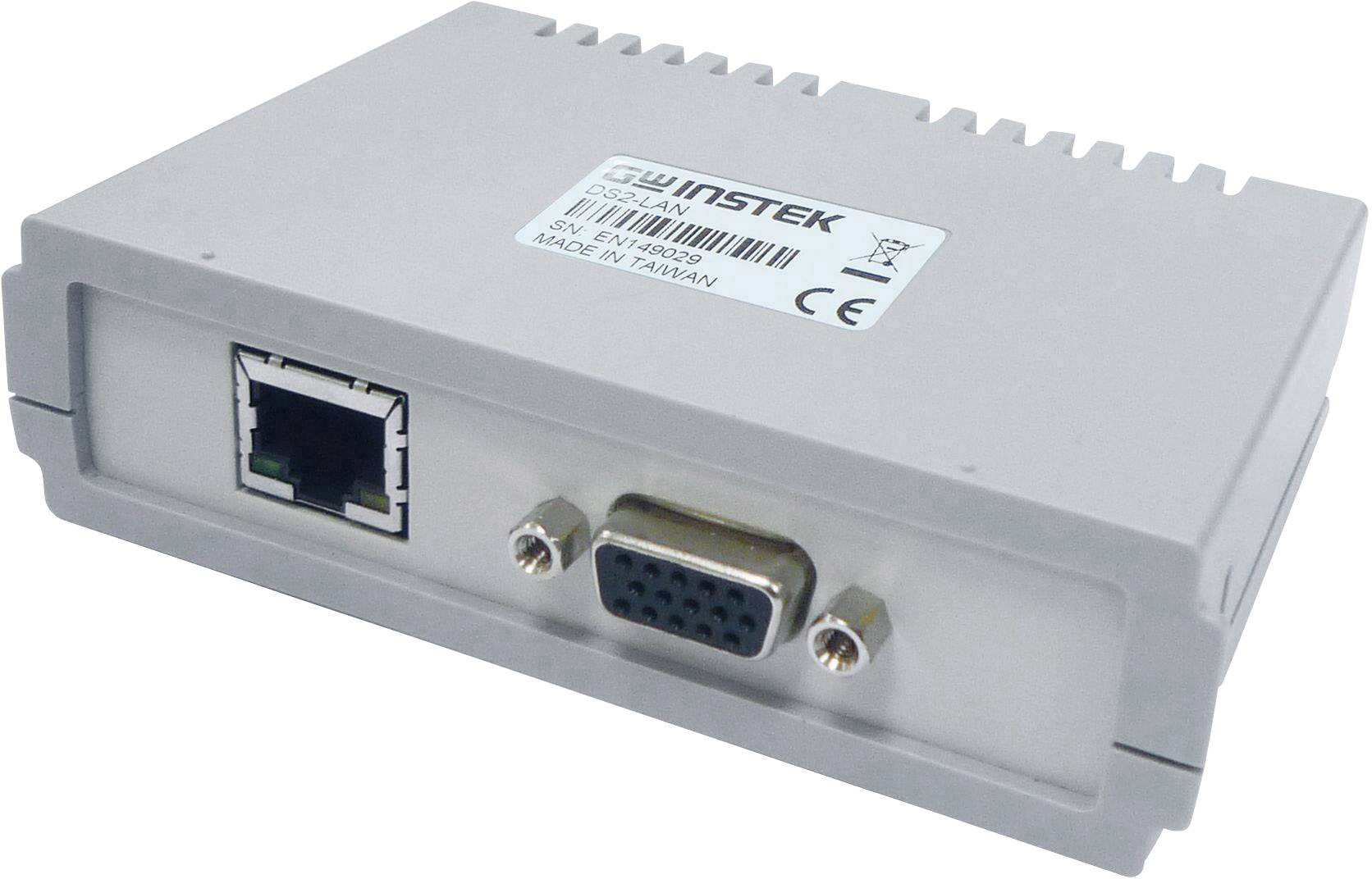 A grey electronic device with RJ45 and VGA ports on the front. Manufactured in Taiwan.