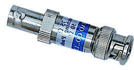 Metal BNC connector with blue labelling, used for connecting coaxial cables, commonly found in video and network connections.