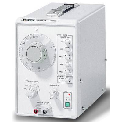 A white function generator with a rotary knob for frequency adjustment, buttons for range selection, output controller, and operational indicator.