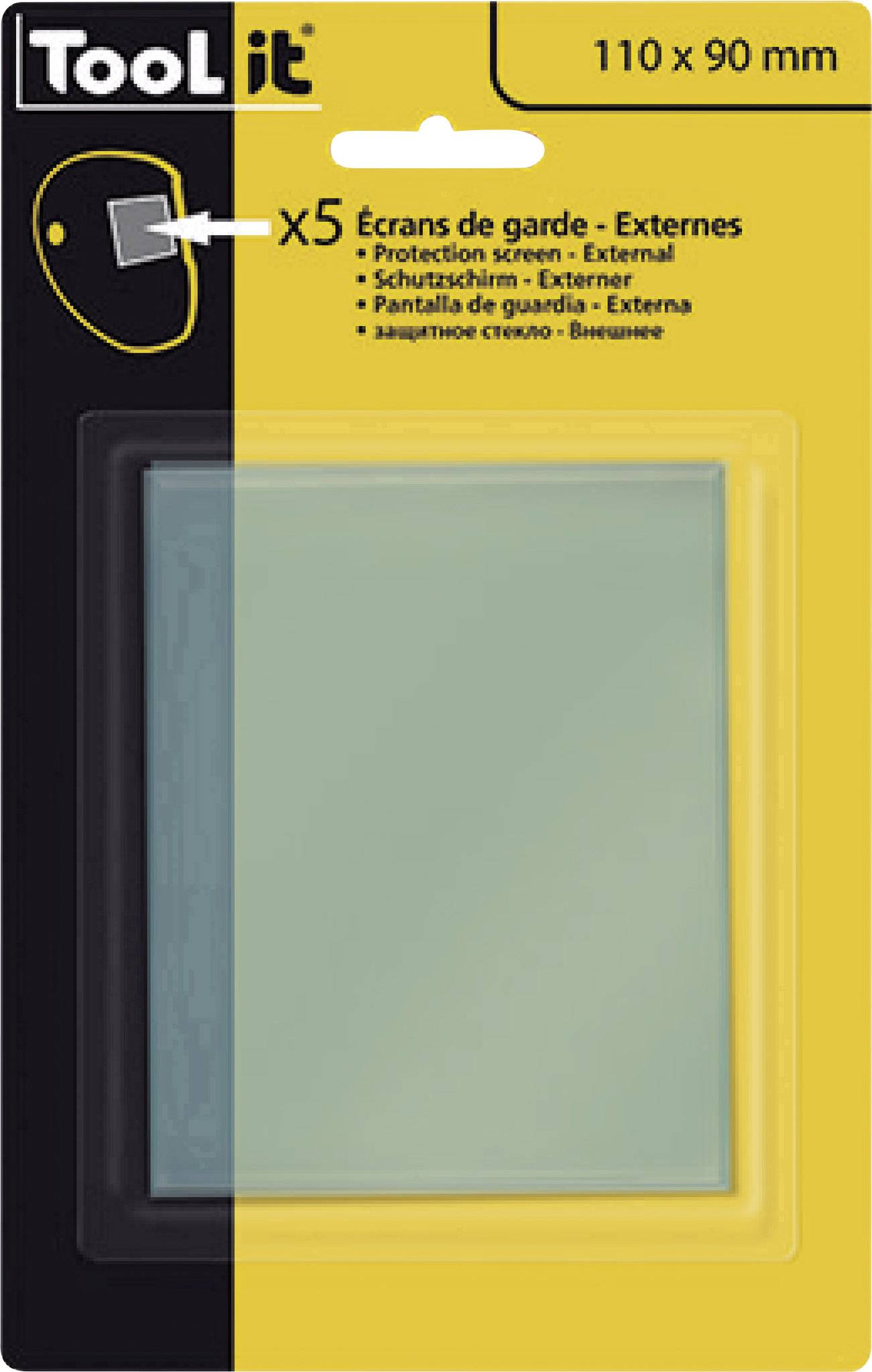 Packaging for a protective screen (110 x 90 mm), brand 'Tool it', with a yellow background. Contains five external protective screens.