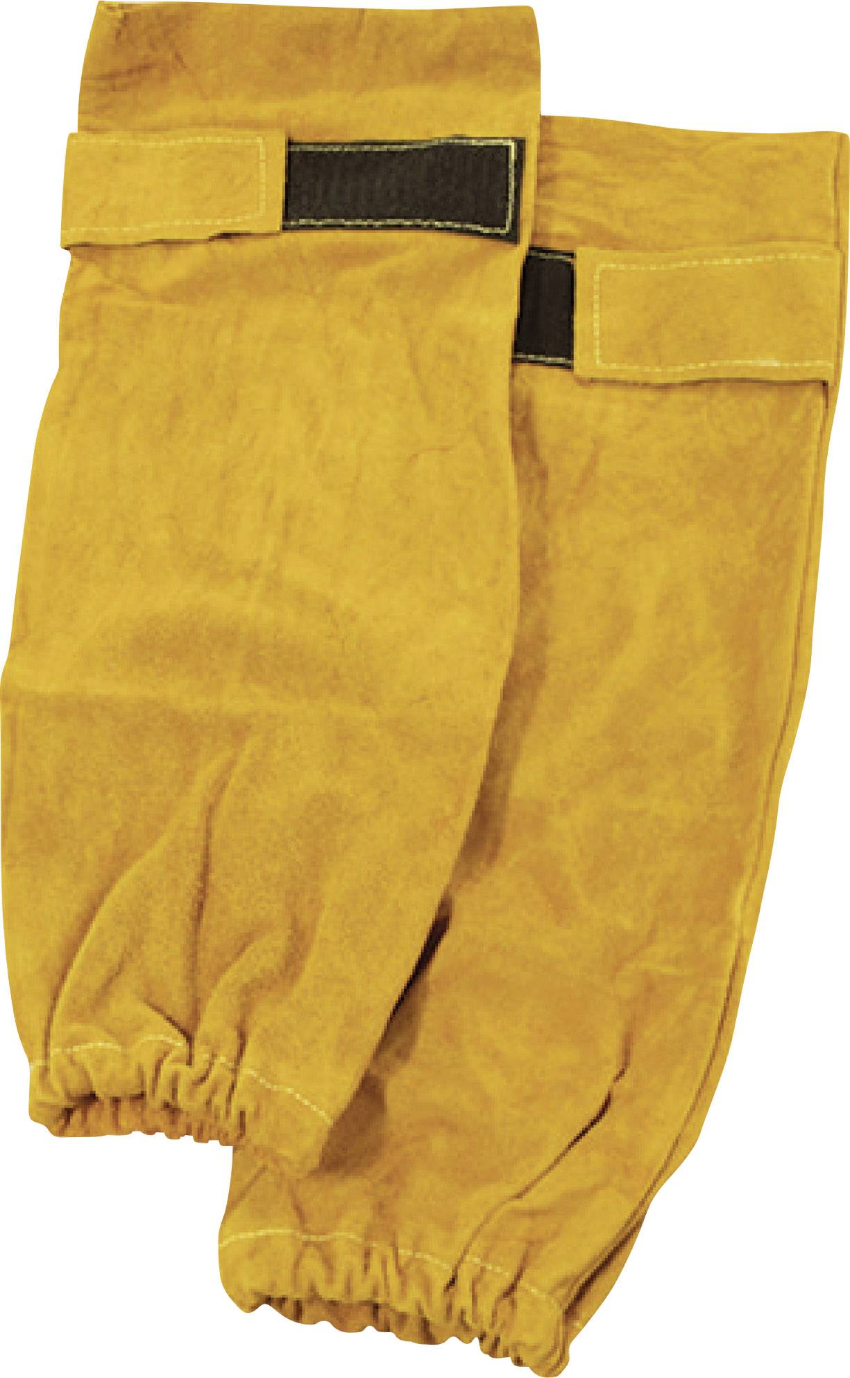 Yellow leather protective sleeves with velcro fastenings, providing protection against heat and sparks, commonly used during welding.
