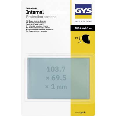 Packaging for GYS welding helmet internal protection screens, 103.7 x 69.5 mm, showing a transparent replacement lens and x5 quantity.