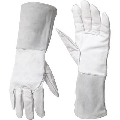 'A pair of white protective gloves with long gauntlets, suitable for handling hazardous materials.'