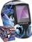 Welding helmet with blue flame and lightning pattern, next to packaging with product information.