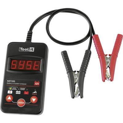 Battery and system analyser with digital display, red and black cable with clamps. Displays the number '595E'.