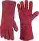 Two red work gloves, one with the palm facing upwards, the other with the palm facing downwards, on a white background.