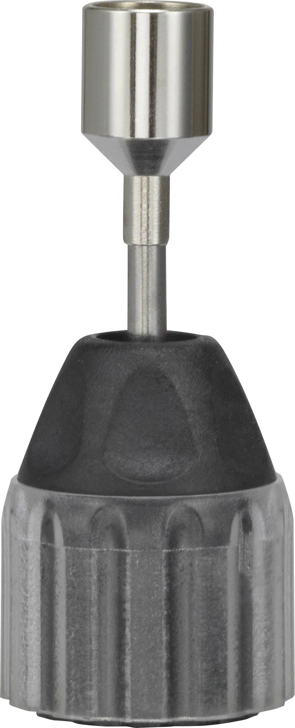 A metallic, cylindrical tool adapter with a black, ribbed handle. Used for securely fastening bits or attachments.