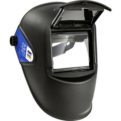 Black flip-up welding helmet with viewing window and blue side label on a white background.