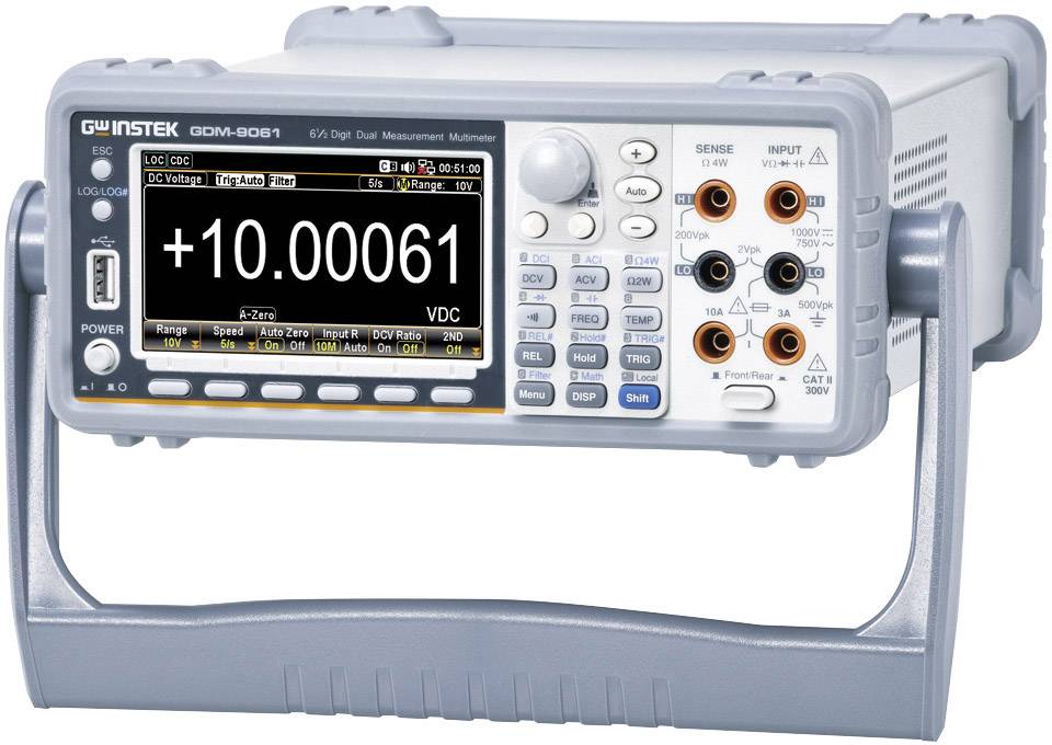 A digital multimeter with display shows '+10.00061 VDC'. It has several terminals and controls on the front panel.