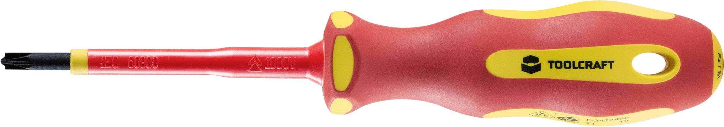 A red screwdriver with yellow details and 'TOOLCRAFT' printed on the handle. Suitable for slotted screws.