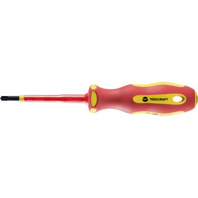 A red screwdriver with yellow details and 'TOOLCRAFT' printed on the handle. Suitable for slotted screws.