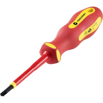 A red, insulated screwdriver with a yellow handle and 'Toolcraft' printed on the handle, suitable for electrical work.