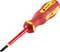 A red, insulated screwdriver with a yellow handle and 'Toolcraft' printed on the handle, suitable for electrical work.