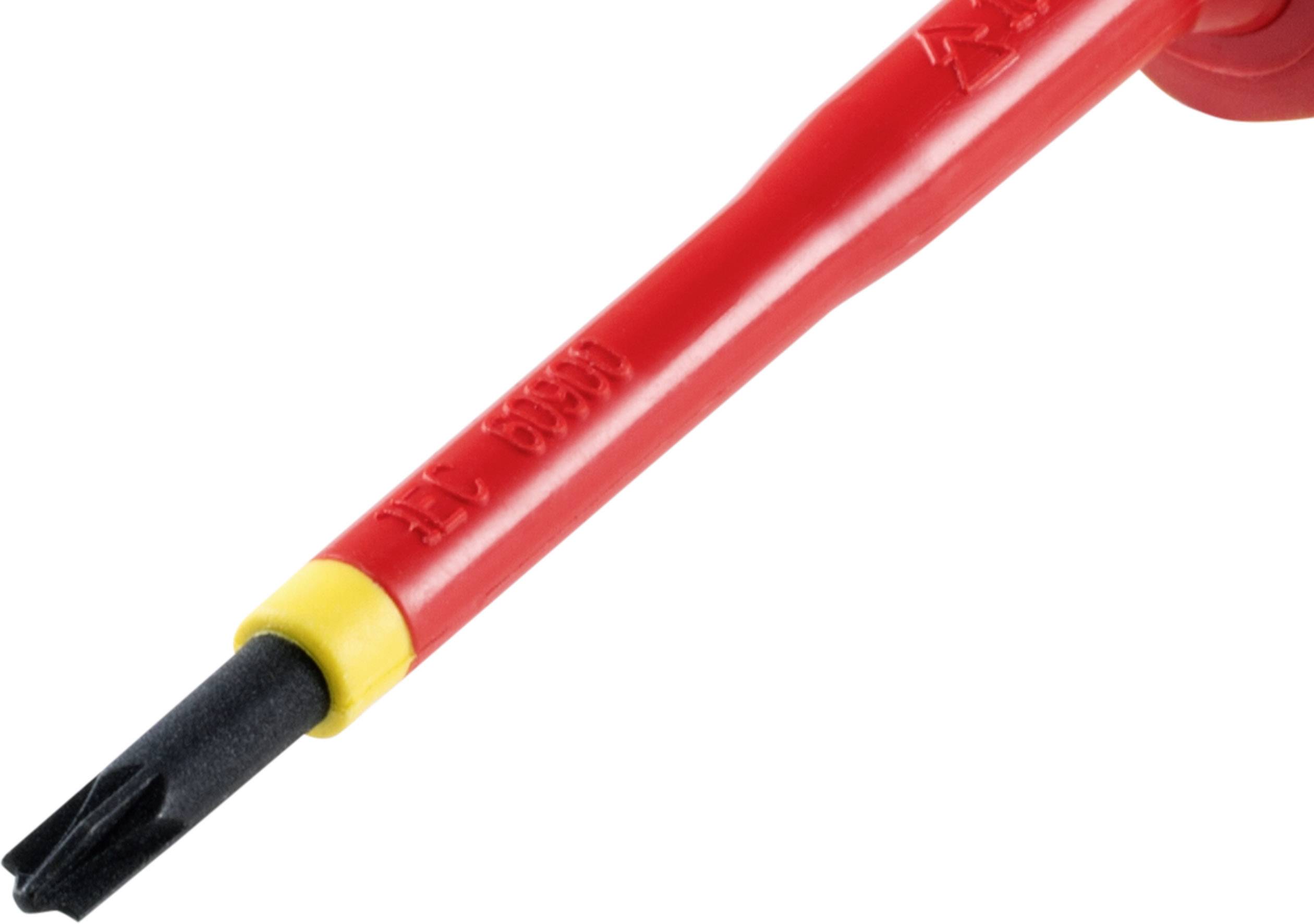 A red screwdriver with an insulated handle and black tip, suitable for electrical work.