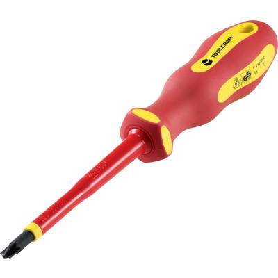 A red and yellow screwdriver with an insulated handle, suitable for work on electrical devices.