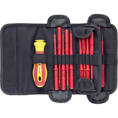 A set of screwdriver bits and handle, sorted in a black pouch. Ideal for electrical work.
