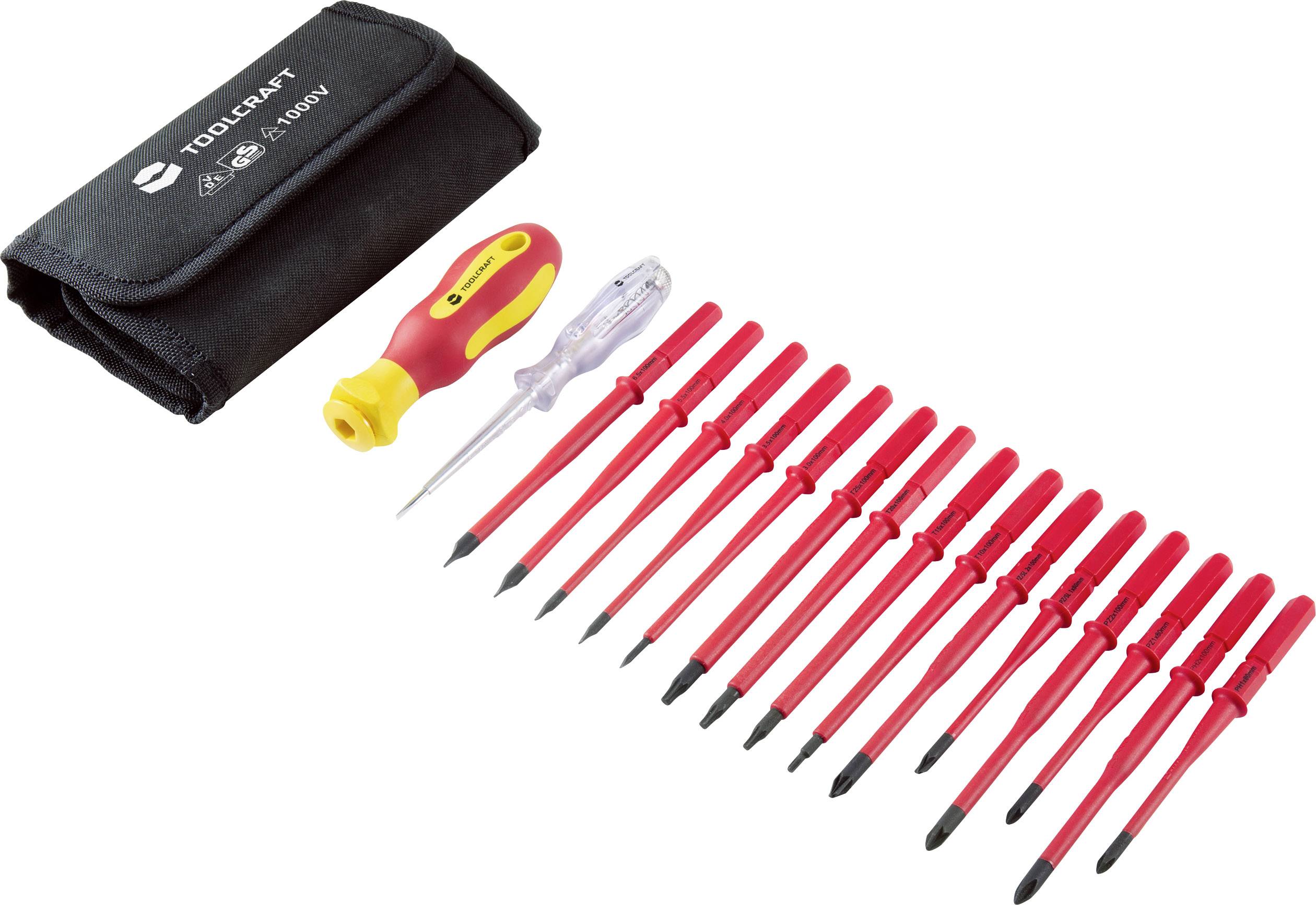Tool set with red screwdriver handle, voltage tester and 13 insulated screwdriver blades. Includes black bag with 'Toolcraft' print.