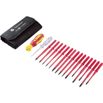 Tool set with red screwdriver handle, voltage tester and 13 insulated screwdriver blades. Includes black bag with 'Toolcraft' print.