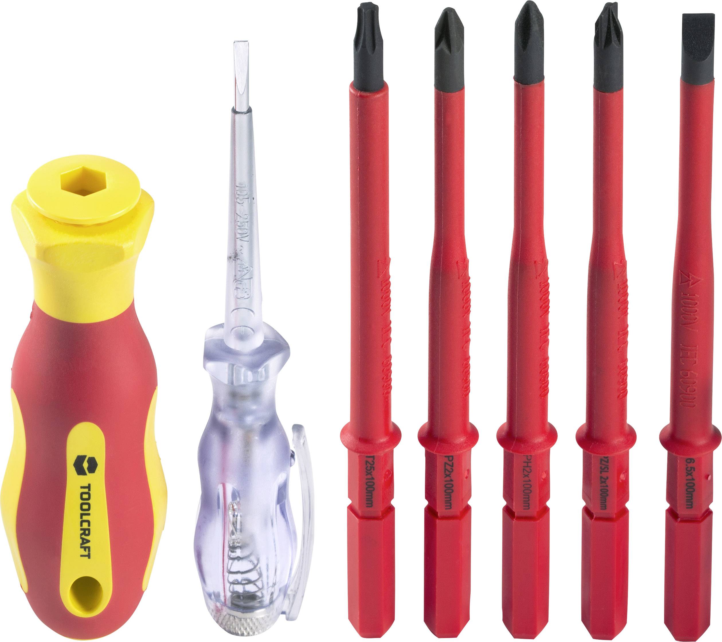 Six-piece screwdriver set with a yellow handle and five red, insulated bits for different screw types.