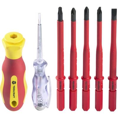Six-piece screwdriver set with a yellow handle and five red, insulated bits for different screw types.