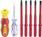 Six-piece screwdriver set with a yellow handle and five red, insulated bits for different screw types.