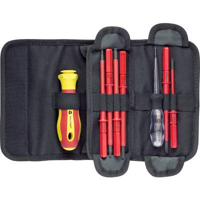 An open tool case with a yellow screwdriver, several red attachments, and a transparent tool.