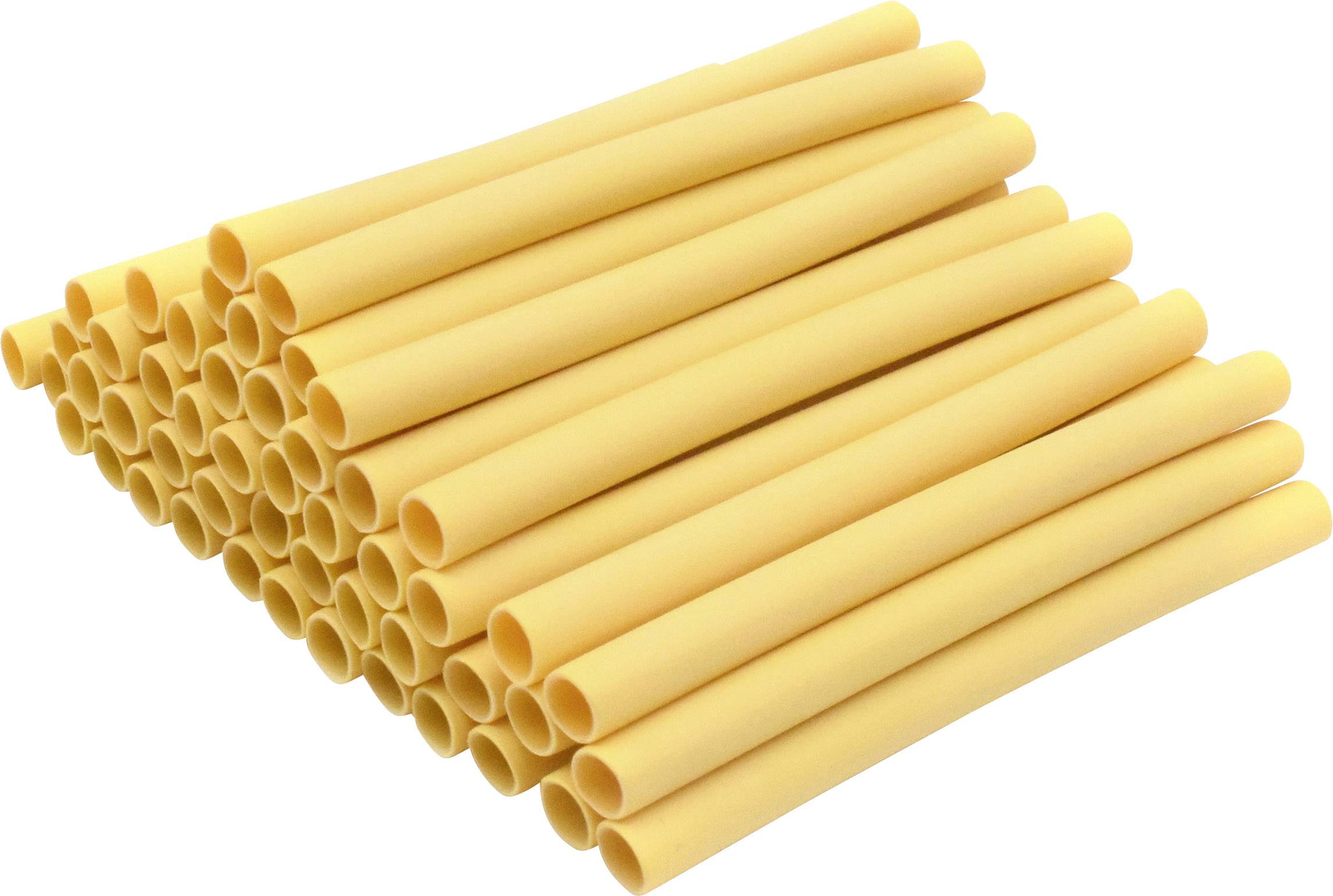A stack of uncooked, yellow lemon pasta in tubular form, closely arranged side by side.
