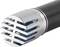 A silvery-black microphone with a modern, lattice-like design on the headpiece.