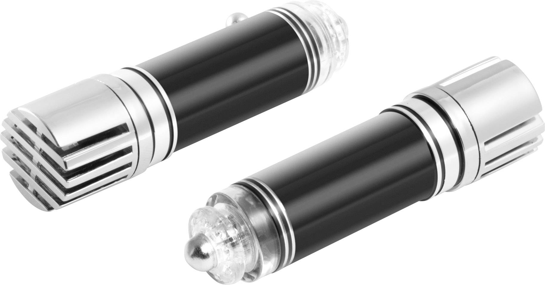 Two black, cylindrical objects with silver details that resemble lightsaber handles. They are lying side by side on a white background.