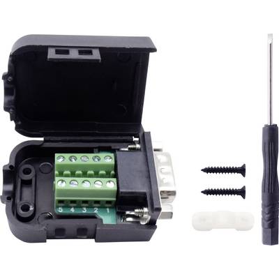 Open casing with a green terminal strip and visible screw terminals, alongside a screwdriver and screws.